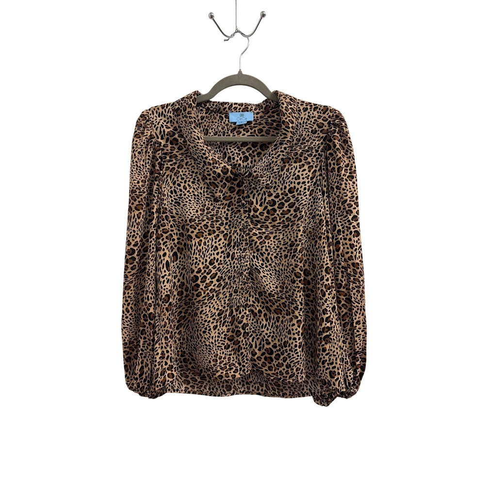 CeCe Women Leopard Print Button Front Blouse Brown Animal Print Puff Sleeve Top